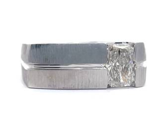 Gent's 1.01ct Diamond Radiant Cut Solitaire Grooved Square Top Ring 14k White Gold Brushed & Bright Shine Finish