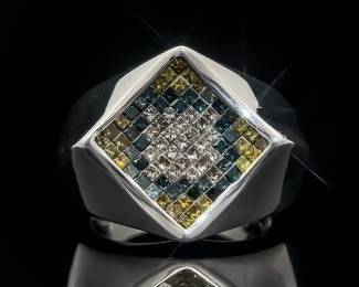Men's Designer JOE RODEO Fancy Color & White Diamond Concave Square Top Ring in 14k White Gold