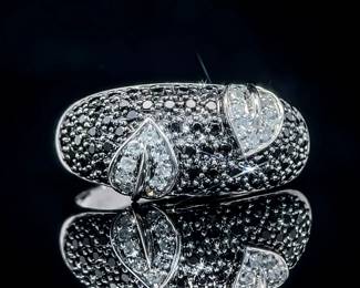 Black and White Diamond Leaf Ring in Gold