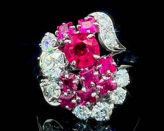 Custom Estate! 3.75 Carat Ruby & Diamond Cluster Cocktail Ring in 14k White Gold, Exquisite Old European Cut!