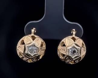 Vintage Old European Cut Diamond 3D Sundial Shield Earrings in 18k Yellow Gold w/ Lever Backs
