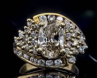 Large Oval and Diamond Cluster Estate Ring in Gold