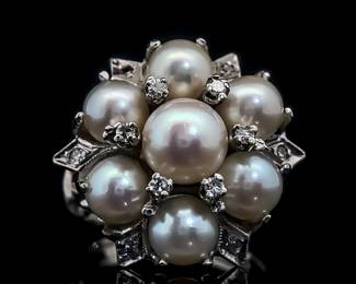 High Luster Beautiful Pearl Cluster & Diamond Split Shoulder Shank Ring in 14k White Gold - Tranquil Sea Inspiration