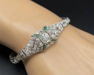 3.70 Carat Diamond & Emerald Art Deco Antique Filigree Bracelet in Platinum