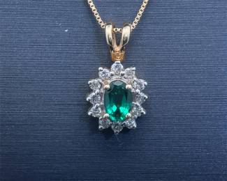 Green Emerald Solitaire & Diamond Halo Split Bail Pendant in 14k Yellow Gold