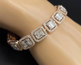 4.80 Carat Diamond Cushion Halo Link Tennis Bracelet in Rose Gold - Vintage Inspired Elegance