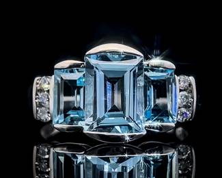 Emerald Cut Blue Topaz Three-Stone & Diamond Channel Bar Tiered Ring in 14k White Gold