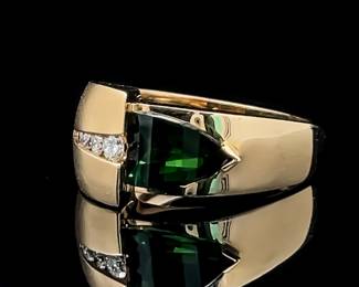 Fancy Faceted Rich Green Tourmaline Contemporary Half & Half Diamond Ring in 14k Yellow Gold