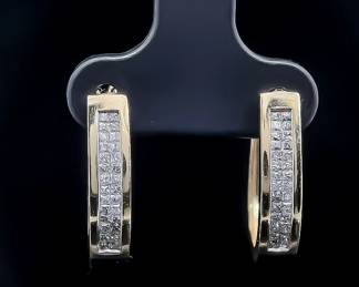 Double Row Channel Set Princess Diamond Oblong Oval Hoop Earrings in Yellow Gold