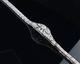 3.70 Carat Diamond & Emerald Art Deco Antique Filigree Bracelet in Platinum