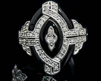 Diamond Cluster & Onyx Inlay Oval Ornate Shield Vintage Inspired Ring in 14k White Gold