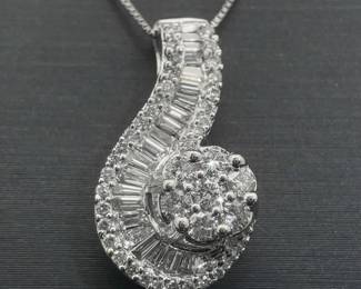 1.00 Carat Diamond Baguette Swirling Symphony Ribbon Pendant in 14k White Gold