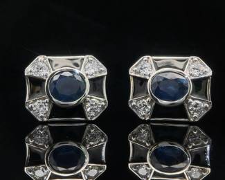Oval Blue Sapphire & Diamond Blue Enamel Rectangular Vintage-Style Stud Earrings in 18k White Gold