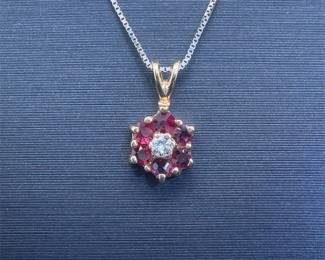 Ruby & Diamond Halo Drop Pendant in 14k Yellow Gold w/ Split Bail