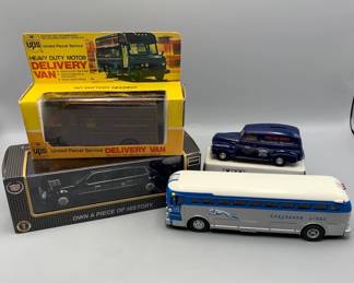 Lot of 4 Model Vehicles 1977 UPS, 2009 Presidential Limousine, 1949 Greyhound, 1951 Panel Truck 