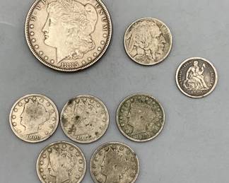 Morgan Silver Dollar, 5 Liberty Head Nickels, 1 Indian Head Buffalo Nickel and 1 Seated Liberty Dime