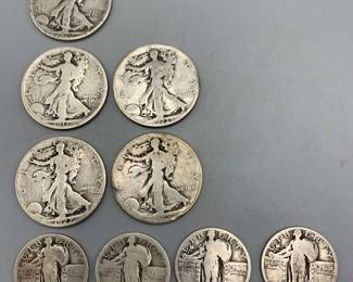 5 Walking Liberty Half Dollars and 4 Standing Liberty Quarters