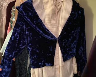 Blue Velvet Wide Collared Bolero Shrug Top, Pleated White Button Up Long Sleeve