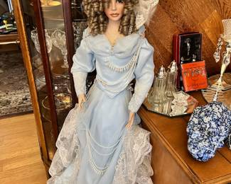 Blonde Victorian Porcelain Doll with Blue & White Lace Dress