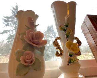 White Bud Vase with 3D Pink Rose Design, Enesco Hand Painted Ceramic Table Vase with 3D Yellow Rose Design