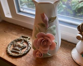White Bud Vase with Pink Rose Floral Design