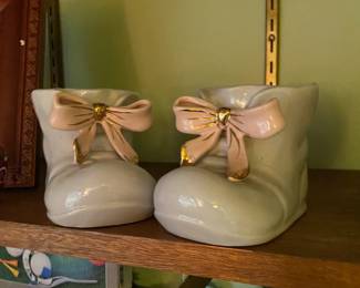 Two Napco Ceramic White/Pink Baby Shoe Planters