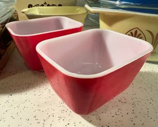 2 Red/White Pyrex Refrigerator Dishes