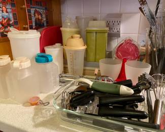 Assortment of Kitchen Utensils, Tupperware Avocado Green Pickle Keeper, Tupperware Shaker/Dressing Container