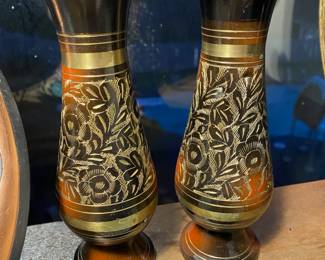 Pair of Etched Brass Black Enamel Vases