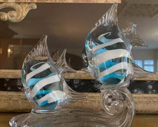 Blown Glass Blue, White & Clear Angel Fish Figurine