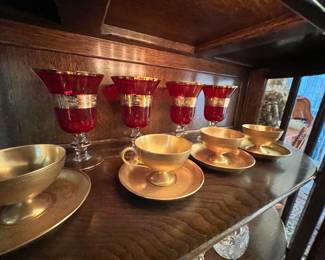 Set of 4 - 24k Gold Murano Red Glass Goblets, Service for 4 Textured Gold Teacups and Saucers