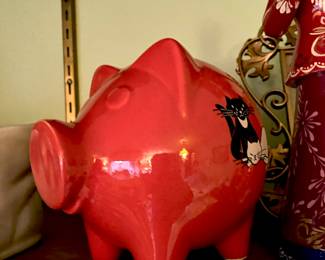 Red Piggy Bank with Cat Graphic