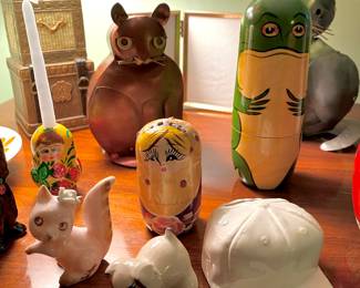 Russian Wooden Frog Nesting Dolls, Folk Art Welded Bronze Coated Cat Candle Holder, Red & Yellow Russian Nest Dolls with Rose Design