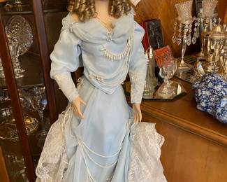 Blonde Victorian Porcelain Doll with Blue & White Lace Dress
