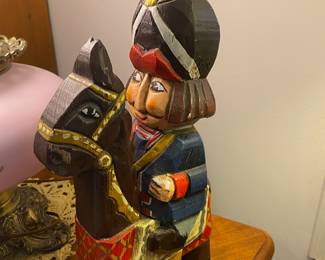 Folk Art Wood Carved Soldier Riding Horse Statue