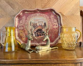 Pair of Brass Reindeers Lying Down, Mid Century Amber Bubble Glass Pitcher, Handblown Jonquil Yellow Glass Pitcher  