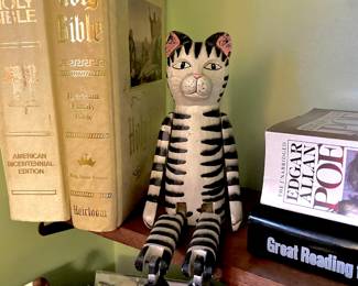 Folk Art Shelf Sitting Black/White Striped Cat with Jointed Knees