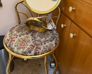 Brass and Floral Upholstered Rolling Stool, Brass Tone Vanity Mirror