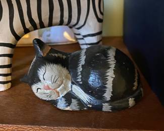 Wooden Hand Painted Black/White Sleeping Kitten Figurine