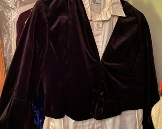 Victorian Brown Button Up Velvet Bolero Shrug Top, White Button Up Long Sleeve