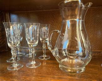 Princess House Etched Clear Crystal Pitcher with Cattail Handle, Set of 6 Floral Etched Glass Wine Goblets