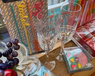 Drink Stirrers "Drunk Stirrers" , Nod Watermelon Glass Markers, Nod Cacti Glass Markers, Pair of Cut Crystal Champagne Flutes