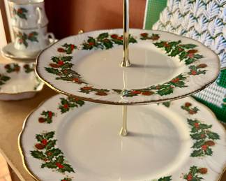 Rosina Yuletide Christmas Teacup & Saucers, 2 Tier Serving Tray
