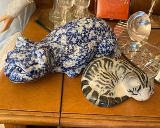 1960's Chinoiserie Porcelain Blue/White Floral Cat, Gray/White Striped Ceramic Sleeping Cat Statue