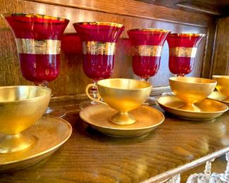 Set of 4 - 24k Gold Murano Red Glass Goblets, Service for 4 Textured Gold Teacups and Saucers