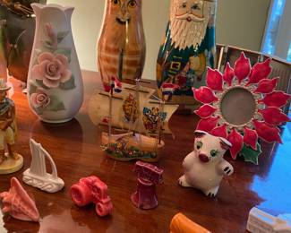 Russian Wooden Cat Nesting Dolls, Santa Themed Russian Nesting Dolls, Holland Dutch Clog Ship Souvenir, Wade Figurines - Red Tractor, Orange Wagon, Red Liberty Bell, Red Conch Shell, White Sailboat 