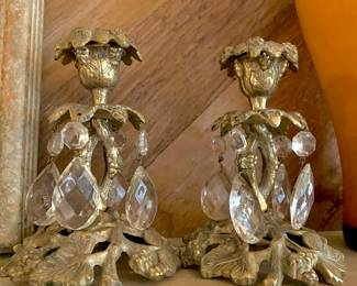 Pair of Brass Tone Crystal Prism Floral Candle Sticks