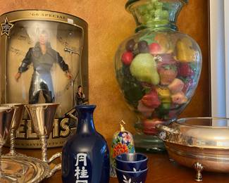 Hasbro 1968 Special Elvis Presley Figure,  Blue Ceramic Sake Bottle Japanese Laurel Crown with 2 Cups - Made in Korea