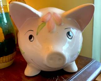 Pottery Smiley Piggy Bank White Pink Flowers