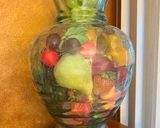 Green Glass Vase filled with Faux Fruit